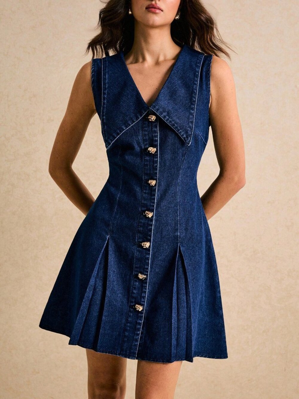 Dark Wash Casual Women's Front Button Pleated Sleeveless Denim Mini Dress - Picture 3 of 5